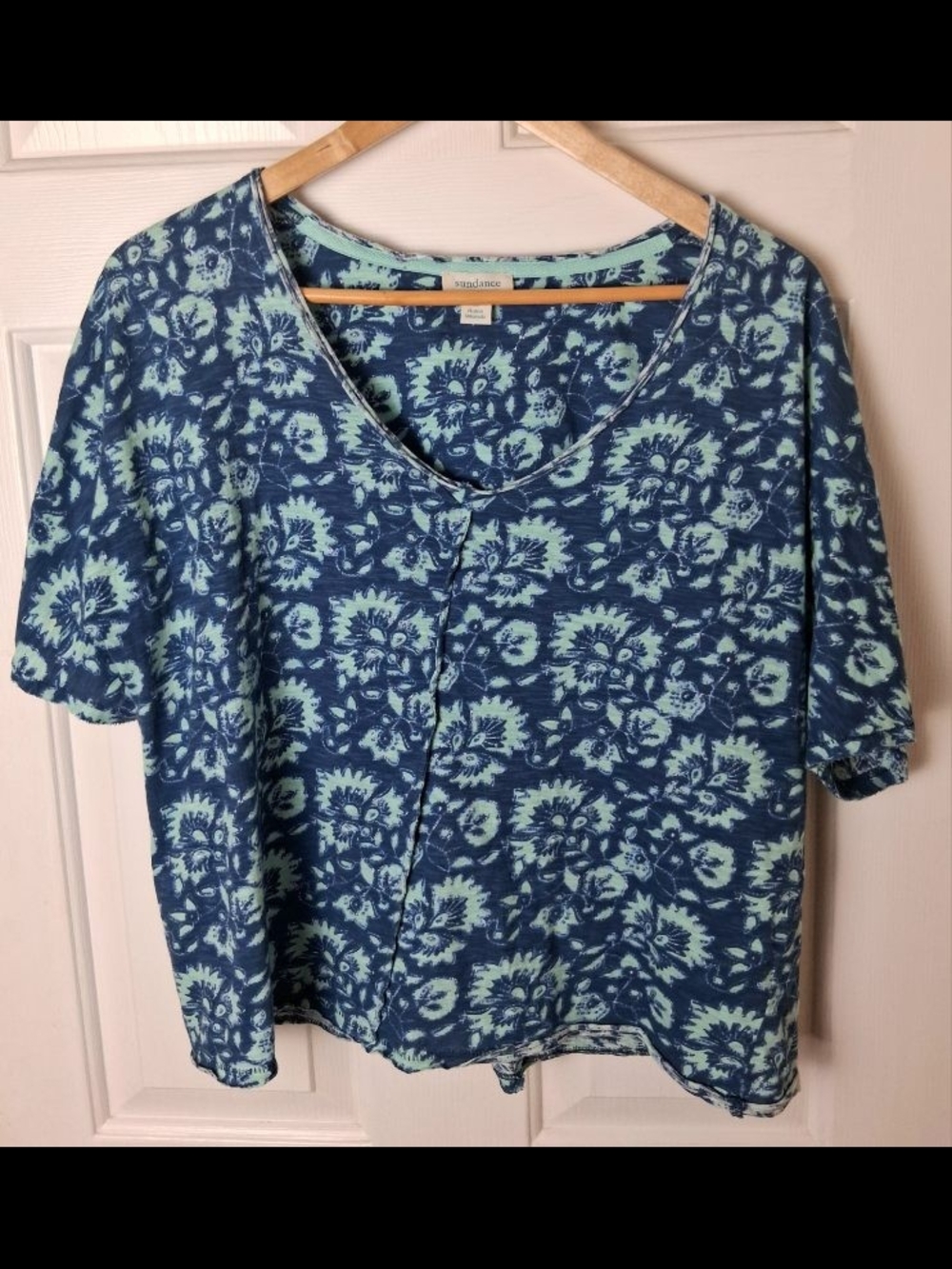 Sundance Size Medium Short Sleeve Blue Floral Crop Top Boho Cottage Core Cotton